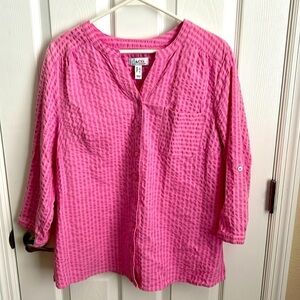 Denim and Co Pink Button Down 3/4 Sleeve‎ Textured Top Blouse Size L